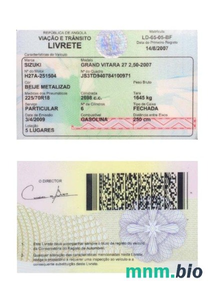 Przykład karty rejestracyjnej pojazdu Angola, w pełni edytowalny